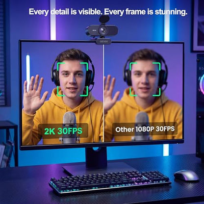 2K Webcam for PC Laptop,1080P@60FPS Streaming Camera with 1/2.8'' CMOS Sensor,PDAF Auto Focus,Dual Noise-Canceling Mics,Privacy Cover,Plug & Play for Gaming/Zoom/Skype/Teams/Live Streaming