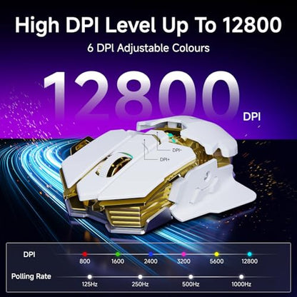 EWEADN G5 Tri-Mode Wireless Gaming Mouse, 12800 DPI Programmable Ergonomic Mouse with Metal Base for Stability, 500mAh Rechargeable, 8 Macro Buttons, Rapid Fire Key, RGB Backlit for FPS PC Mac- White - color: White