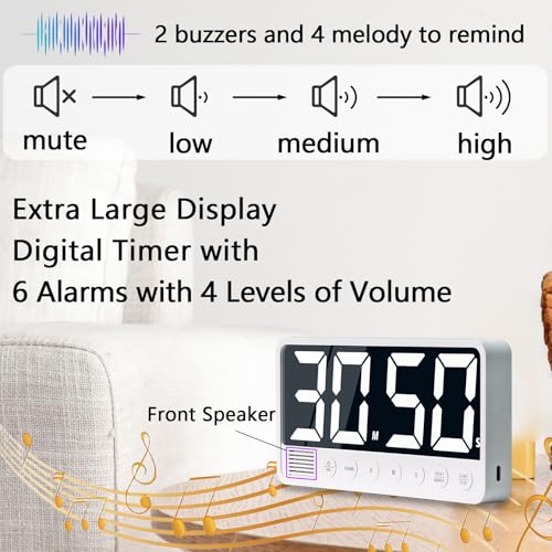 Digital Kitchen Timer - 7.1” Extra Large Display LED Magnetic Rechargeable Countdown/Up Timer, with 6 Alarms 4 Levels Volume Memory Function for Cooking, Classroom, Office, Home Gym (White) - color: White