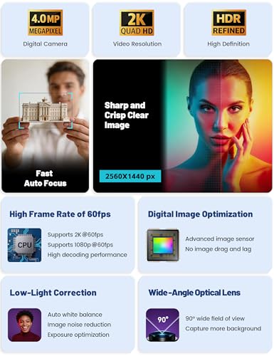 Pro QHD 2K/60fps Webcam with Tripod, External USB Camera for PC/Laptop | Dual noise-cancelling mics | Auto-focus | Wide-angle | Low-light correction | 360° rotation | CMOS sensor | Plug and Play - style: 2K | 60fps | USB Cable | Tripod Included