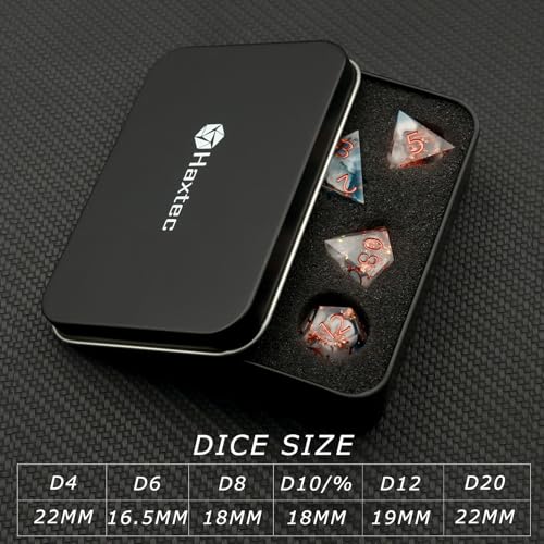 Haxtec Ocean Landscape DND Dice Set Sharp Edge Resin Polyhedral Dice, Sea D&D Dice with Metal Case, Handmade Gold Flake Inside Dice Set for Dungeons and Dragons TTRPG, Blue White Copper DND Gift - color: Blue White