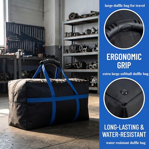 56 Inch Travel Duffel Bag, Heavy Duty 600D Foldable Large Capacity | 600D Water-Resistant Fabric, Reinforced Seams. Padded Handle & Blue Webbing. Folds Flat. For Camping, Gym, Sports & Travel. - size: 56"(L)*15"(W)*27"(H)