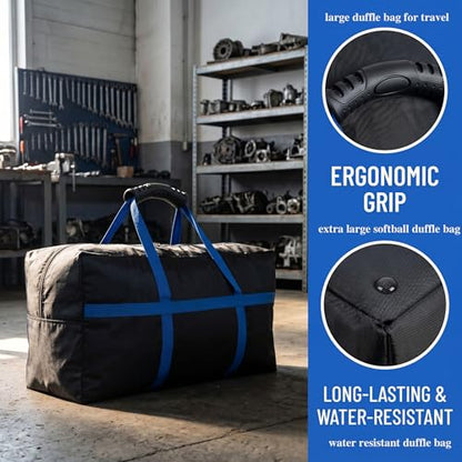 56 Inch Travel Duffel Bag, Heavy Duty 600D Foldable Large Capacity | 600D Water-Resistant Fabric, Reinforced Seams. Padded Handle & Blue Webbing. Folds Flat. For Camping, Gym, Sports & Travel. - size: 56"(L)*15"(W)*27"(H)