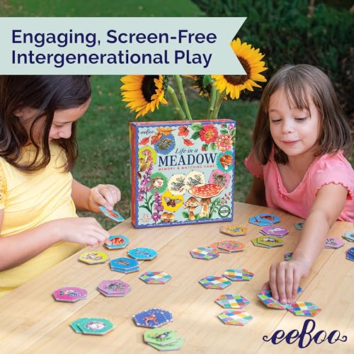 eeBoo Life in a Meadow Memory & Matching Game, Ages 3+, 1-4 Players | Introduces woodland flora & fauna. Sharpens recognition, concentration & memory skills. Includes 48 hexagonal tiles, 24 pairs - style: Life in a Meadow