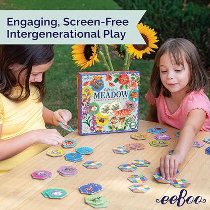 eeBoo Life in a Meadow Memory & Matching Game, Ages 3+, 1-4 Players | Introduces woodland flora & fauna. Sharpens recognition, concentration & memory skills. Includes 48 hexagonal tiles, 24 pairs - style: Life in a Meadow