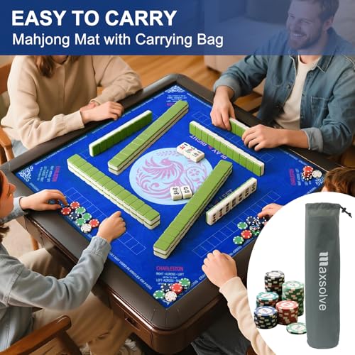 Mahjong Mat with Carrying Bag, Blue Mahjong Table Mat with Rules | Anti Slip & Noise Reduction, Easy to Carry, 31.5" x 31.5" Neoprene Mahjong Mats, Elegant Print & Soft Surface Gaming Mat - color: Blue