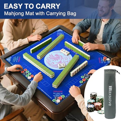 Mahjong Mat with Carrying Bag, Blue Mahjong Table Mat with Rules | Anti Slip & Noise Reduction, Easy to Carry, 31.5" x 31.5" Neoprene Mahjong Mats, Elegant Print & Soft Surface Gaming Mat - color: Blue