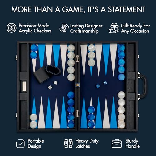 Pointworks 19 Inch Premium Backgammon Sets for Adults Leather Black - Blue. Premium 1.6 Inch Checkers & Dice Set, Travel Backgammon Set, Large, Backgammon Board Game, Backgammon Game Set - color: Black Case - Blue Field