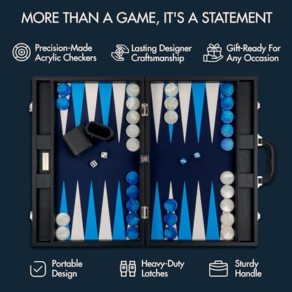 Pointworks 19 Inch Premium Backgammon Sets for Adults Leather Black - Blue. Premium 1.6 Inch Checkers & Dice Set, Travel Backgammon Set, Large, Backgammon Board Game, Backgammon Game Set - color: Black Case - Blue Field