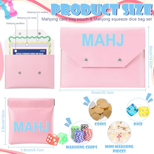 2 Pcs Leather Mahjong Card Bag Clutch Pouch Holder with PU Squeeze Dice Bag Mahjong Accessories Protector Cover Case for MAHJ Lover Playing Game Night (Pink) - color: Pink