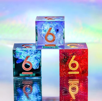 3Pcs D6 DND Dice with Resin Sharp Edge D&D Dice, Random Color and Style 6 Sided Dice 16mm Handmade Polyhedral for DND Roleplaying Games(Random Set) - color: D6-blue Red+red+blue Dark