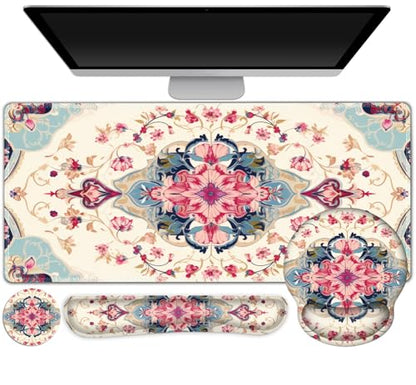 Gaming Mouse Pad, Large Desk Mat Cute Desk Pad Protector, 4in1 XXL Mousepad | + Keyboard Wrist Rest+Mouse Wrist Rest+Coaster Set with Ergonomic Desk Pad for Home Office Computer, Retro Style Pattern - color: Retro Style Pattern