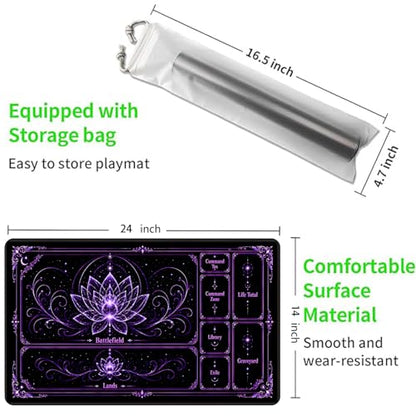Playmat for MTG with Zones, 24 x 14 Inch Card Game Mat, Stitched Edges, Non Slip Rubber Base, 2mm Washable Play Mat with Storage Bag, Lotus Flower Design, Purple Color - color: Purple