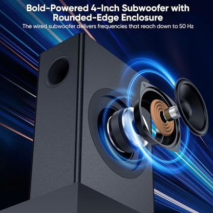 Saiyin Soundbar with Subwoofer, 14.2" Compact Soundbar, 4" Subwoofer, 70W | 2.1 Audio Enhanced Surround Sound System for TV, Bluetooth/Optical/Auxiliary Inputs for TV and Home Theater - size: 14.2 inches