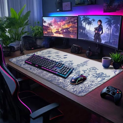 Blue Floral Large Gaming Mouse Pad Desk Mat 31.5"x15.7" Non Slip | Extended Mousepad, Non-Slip Rubber Base , Stitched Edges, for Computer/Laptop/Office/Home - color: Narcissus