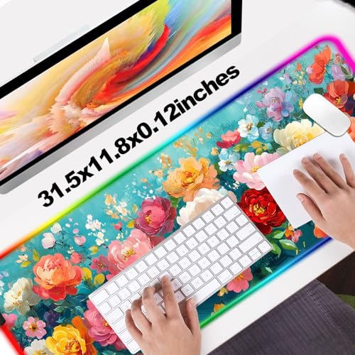 RGB Colorful Flower Peony Gaming Desk Mat, Computer Keyboard Large Extended Long Floral LED Mouse Pad for Office and Home, XL (W28) - color: Rgb-w28