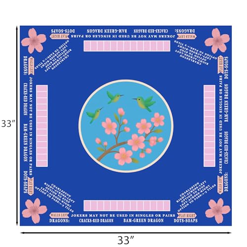 American Mahjong Mat with Rules Printed (33x33, 2.5mm Thick, Hummingbird Blue) Mahjong Mat for Table w/Bag, Crease-Proof Waterproof Non-Slip, Soft Mahjong Table Mat, Noise Reduction - color: Hummingbird Blue Mat