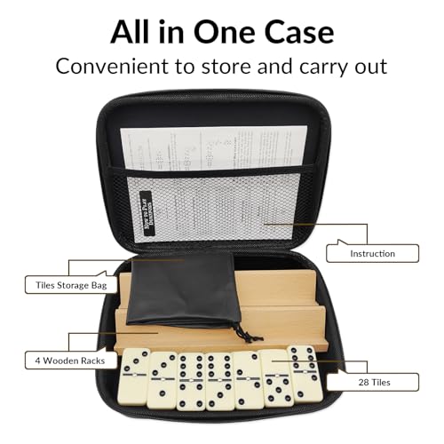 Dominos Set for Adults with 4 Wooden Racks, Double 6 Dominoes Game Set with 28 Colored Domino Tiles Double Six Dominos Set with Travel Case - Classic Board Games