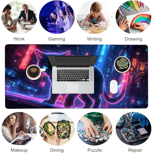 Desk Pad, Neon Cat Prowling Cyberpunk Cityscape XXL Gaming Mouse Pad with Stitched Edges,Non-Slip Waterproof Rubber Base Large Desk Mat for Keyboard and Mouse 35.4"x15.7" - color: Colour7, size: 35.4" x 15.7"