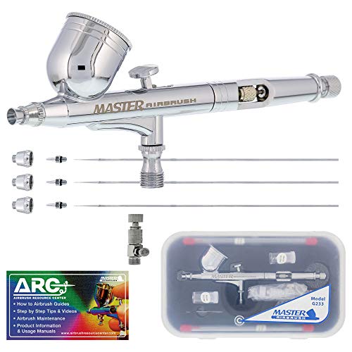 Master Airbrush G233 Performance Pro Airbrush Kit with 3 Nozzle Sets (0.2, 0.3 & 0.5mm Needles, Fluid Tips & Air Caps), Gravity Dual Action - Air Brush Guns for Painting, Aerografo Body Art & Cake - size: Without Hose