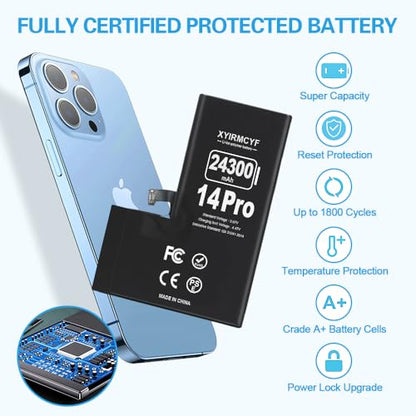 XYIRMCYF 24300mAh Super Capacity Battery Compatible with iPhone 14 Pro, 0 Cycle Li-Polymer Replacement Battery for iPhone 14 Pro, with Professional Repair Tool Kit - color: 14Pro-24300