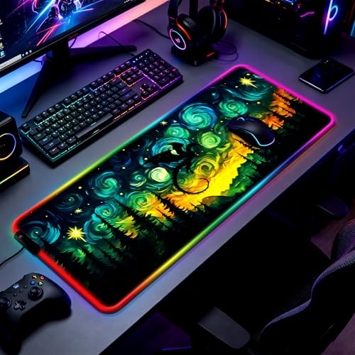 RGB Fantasy Starry Night Forest and Dragon Gaming Desk Mat, Computer Keyboard Large Extended Long LED Mouse Pad for Office and Home, XL (W05) - color: Rgb-w05