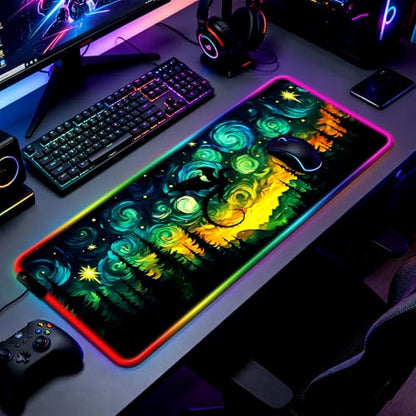 RGB Fantasy Starry Night Forest and Dragon Gaming Desk Mat, Computer Keyboard Large Extended Long LED Mouse Pad for Office and Home, XL (W05) - color: Rgb-w05