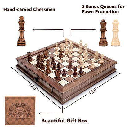 AMEROUS Magnetic Wooden Chess Set, 12.8" x 12.8" Walnut Chess Board Game with 2 Built-in Storage Drawers - 2 Bonus Extra Queens - Chess for Beginner, Kids and Adults, Gift Packaging