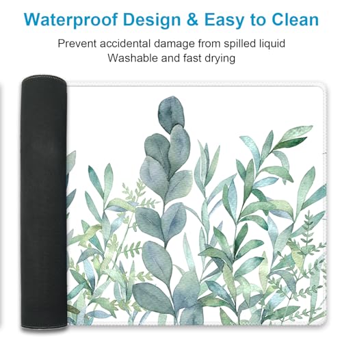 XXL Waterproof Office Desk Pad Protector 35.4x15.7 Inch - Extended Gaming Mouse Pad with Non-Slip Rubber Base, Thickened Keyboard Mat, Stitched Edges & Green Plants Design - color: A-green