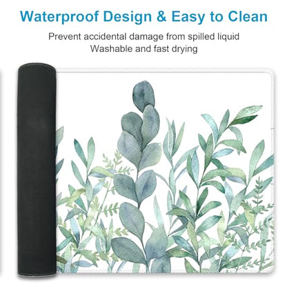 XXL Waterproof Office Desk Pad Protector 35.4x15.7 Inch - Extended Gaming Mouse Pad with Non-Slip Rubber Base, Thickened Keyboard Mat, Stitched Edges & Green Plants Design - color: A-green