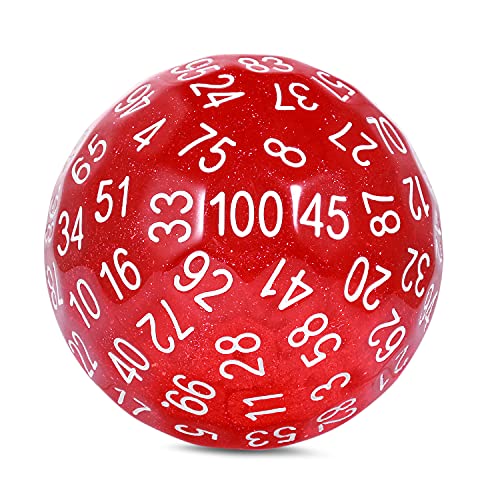 DNDND Glitter Red Single D100 100 Sided Dice with Velvet Pouch (Glitter Red with White Number) - color: Glitter Red