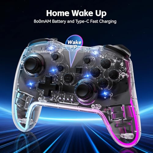 Wireless Pro Controller for Switch/Lite/OLED/PC/Android/iOS - Ergonomic Gamepad with 7 Color RGB Lighting, Turbo/Vibration Adjustment & One-Key Wake-Up Function - color: TransparentWhite