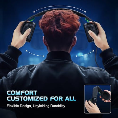 Vakedy Wired Gaming Headset for Xbox,PS5,PS4,PC,Switch, RGB 50mm Drivers | Foldable lightweight frame, plush memory foam cushions, clear chat, quick mute/volume wheel and USB-powered RGB glow - color: Phantom Black
