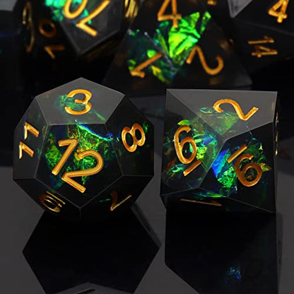 Haxtec Sharp Edge DND Dice Set, Iridecent Resin Polyhedral RPG Dice | Black Galaxy Green Holographic D&D Dice, Compatible with Dungeons and Dragons, Handmade 7-Die with Metal Case, MTG Gifts - color: Black Green