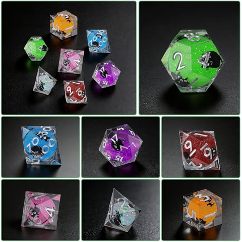 Liquid Core DND Dice Set, 7 Pcs Resin Sharp Edge Polyhedral Dice Quicksand Cat D&D Dice for Dungeons and Dragons RPG Role Playing Table Games