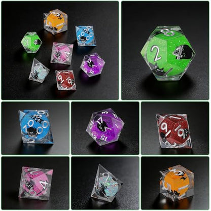 Liquid Core DND Dice Set, 7 Pcs Resin Sharp Edge Polyhedral Dice Quicksand Cat D&D Dice for Dungeons and Dragons RPG Role Playing Table Games