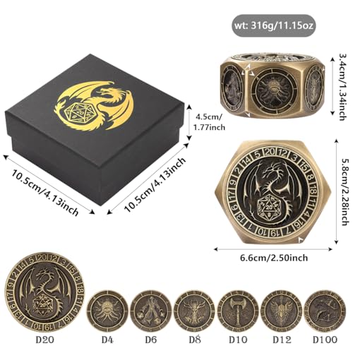 DND Spinner Dice, D&D Polyhedral Game Dice, 8 in 1 Metal Dice Set | 3D Hexagon Relief Design, D&D Spinner Dice, DND Gifts, MTG, Role Playing Board Game Accessories, with Gift Box, Bronze - color: Bronze