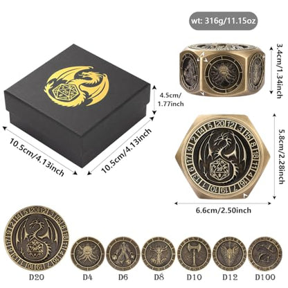 DND Spinner Dice, D&D Polyhedral Game Dice, 8 in 1 Metal Dice Set | 3D Hexagon Relief Design, D&D Spinner Dice, DND Gifts, MTG, Role Playing Board Game Accessories, with Gift Box, Bronze - color: Bronze