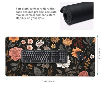 35.4 x 15.7 in, Waterproof XXL Large Mouse Pad for Desk, Extended Keyboard Mouse Mat for Computer Office, Big Laptop Mouse pad, Gaming Pc-Boho Flowers - color: Boho Flowers Black