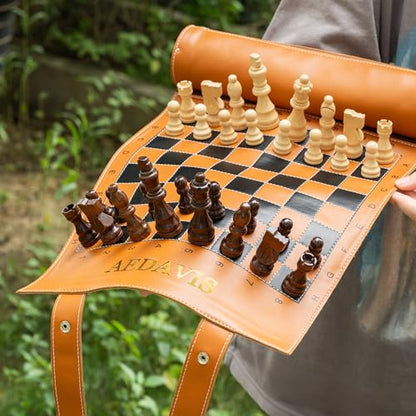Personalized Magnetic Travel Chess Set Roll-Up Board Game, Custom Wooden Chess Set with 32 Magnetic Pieces, PU Leather Portable Chess Board for Adults, Travel & Gift for Men, Family Game Night