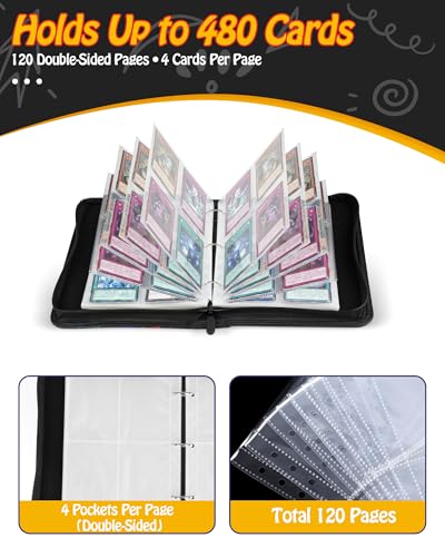 Best baseball card binder 4-Pocket holds 480 cards, 120 pages side-loading, PU leather zip waterproof cover, acid-free pages, for home storage & card shows, baseball cars binder, gift kids boys girls! - color: 4-Dark and Red