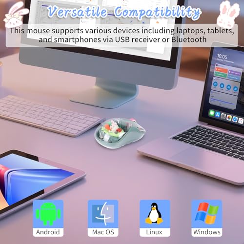 elec Space Cute Wireless USB C Mouse - Bluetooth Triple Mode Rechargeable Cartoon Mouse for Laptops, iPads & MacBook Air/Pro - Silent Operation, Portable Design, Unique Magnetic Character (Green) - color: green