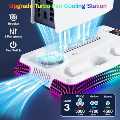 PS5 Cooling Station and PS5 Stand with RGB Controller Charging Station for PlayStation 5 Console, Controller Charger, Cooling Stand, PS5/Slim/Pro Accessories Kit with 3 Level Cooler Fan - color: piano-white