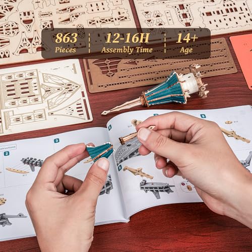 FUNPOLA 3D Wooden Puzzle Steam Castle Model – Steampunk Baroque Floating Castle DIY Building Kit