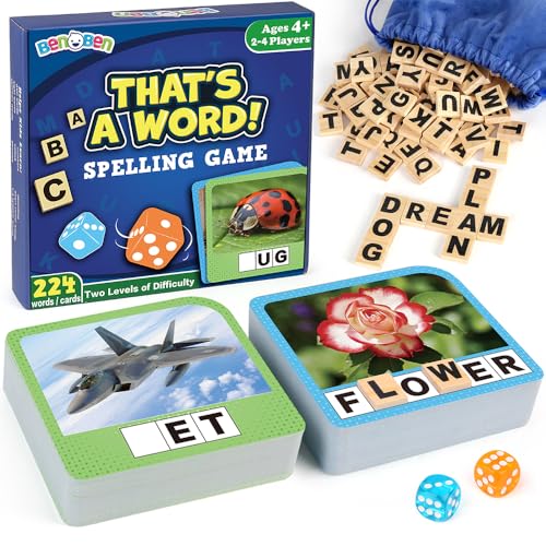 BenBen Spelling Games, 224 Flashcards, 208 Wood Letter Tiles, 1-4 Players, Learning Games for Kids 4-8, Educational Toys for Kindergarten 1st 2nd Grade, Preschool Classroom Must Haves - style: Spelling Game with 224 Flash Cards