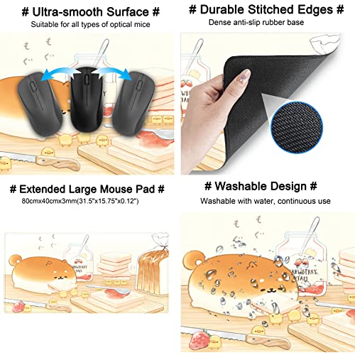 Cute Desk Mat Anime Cartoon Desk Pad Mouse Pad Kawaii Large Yellow Shiba Inu Gaming Mousepad XXL Laptop Keyboard Desktop Writing Pad Stitched Edge Desk Accessories for Girls Students 31.5''X15.7'' - color: Yellow Toast Bread