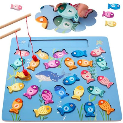 Magnetic Fishing Game for Toddlers, Wooden Alphabet Puzzle Maze Board, Preschool ABC Uppercase Lowercase Letter Matching Game, Montessori Educational Fine Motor Skill Toy for Boy Girl Kids - style: fishing alphabet puzzle