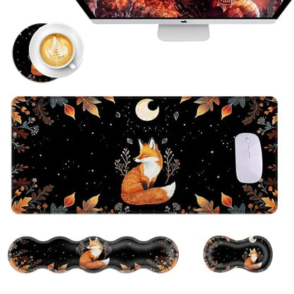 Mouse Pad,Large Desk Mat Set, 4in1 XL Mousepad + Keyboard Wrist Rest+Mouse Wrist Rest+Coaster with Ergonomic Desk Pad for Home Office Table Computer Cover -Cute Fox Moon with Plants - color: Cute Fox Moon with Plants