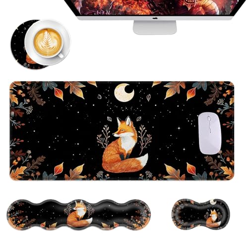 Mouse Pad,Large Desk Mat Set, 4in1 XL Mousepad + Keyboard Wrist Rest+Mouse Wrist Rest+Coaster with Ergonomic Desk Pad for Home Office Table Computer Cover -Cute Fox Moon with Plants - color: Cute Fox Moon with Plants