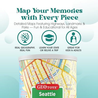 Geotoys Seattle Mini City Puzzle - 100 Piece Puzzles for Kids and Adults in Portable Can, 13" x 10" Educational Travel Puzzle for Ages 7 and Up - Mini Puzzles to Learn & Explore Geography - style: Seattle